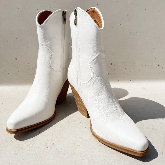 NEW Pointy Toe Stack Block Heel Western Curved Mid Ankle Booties Boots Off White - Picture 7 of 13